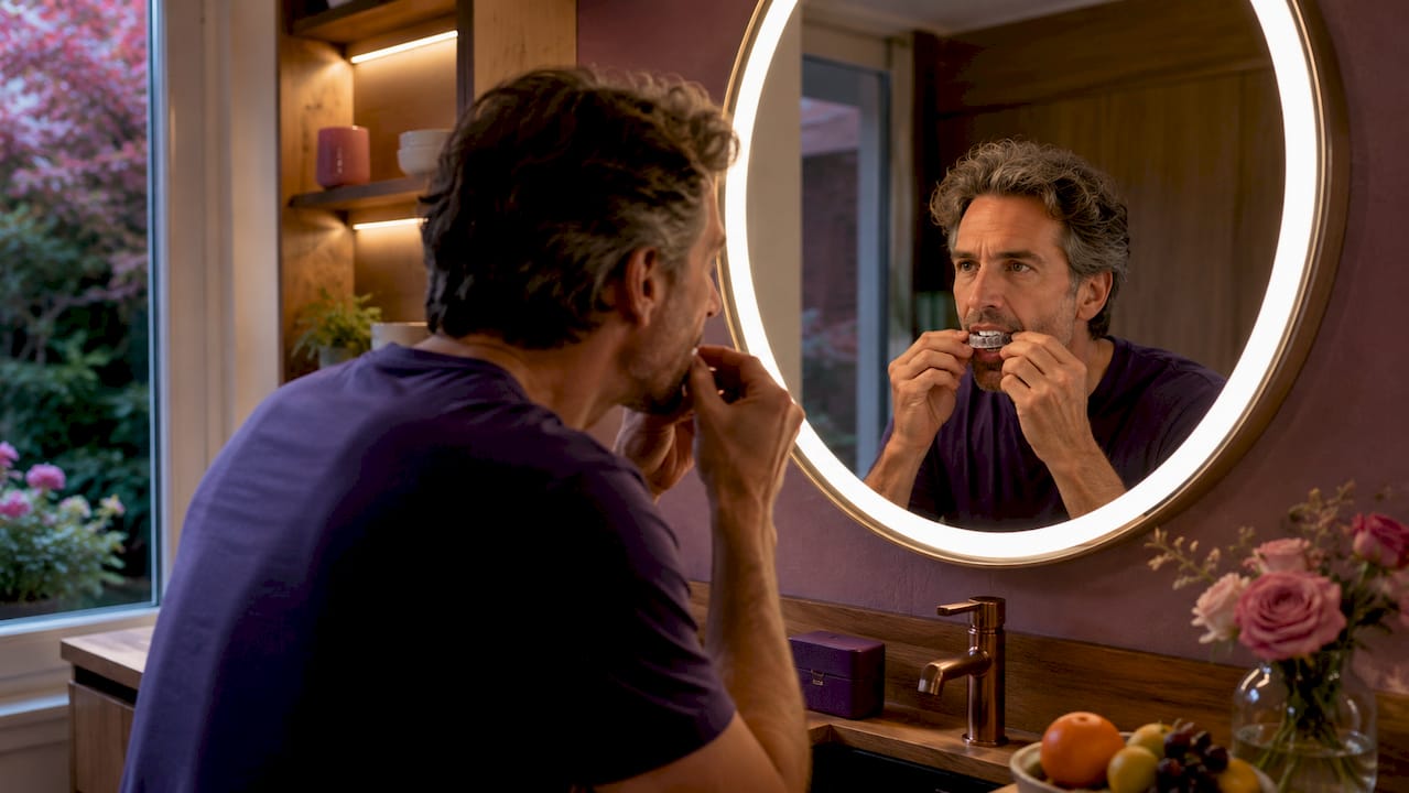 Man testing mouth guard fit in bathroom mirror