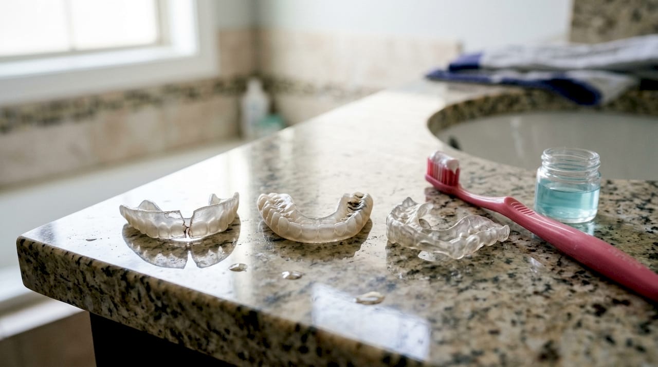 Close-up of worn mouth guards with damage