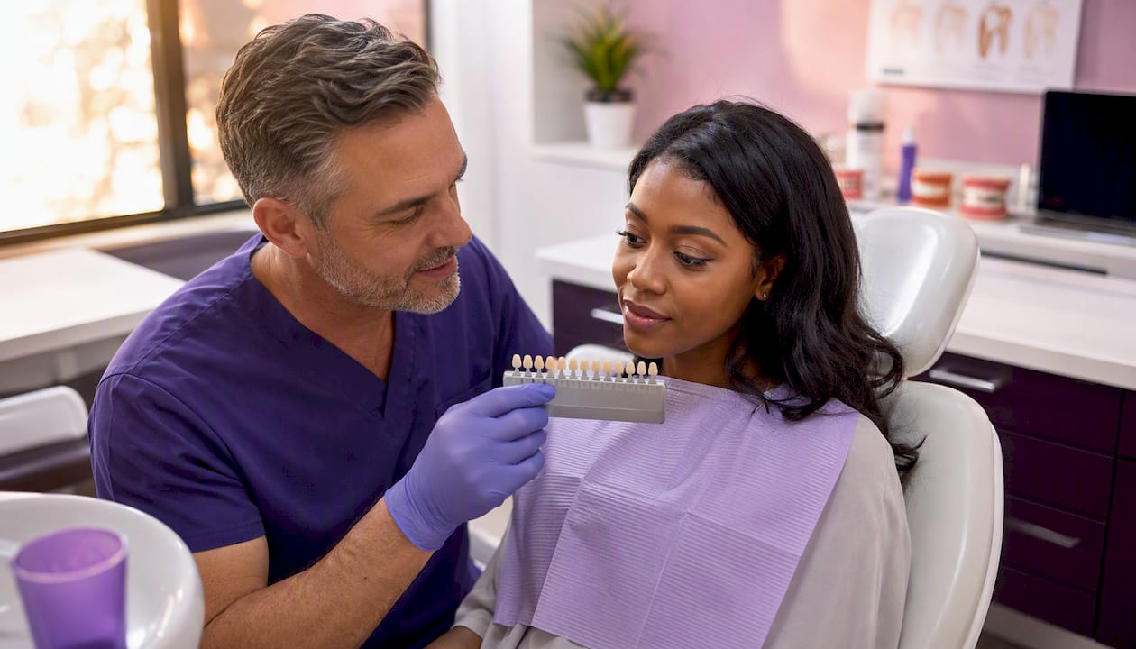 Dentist matching restoration shade with patient