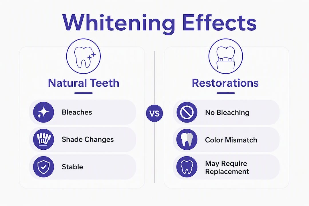 Infographic comparing whitening effects on teeth and restorations