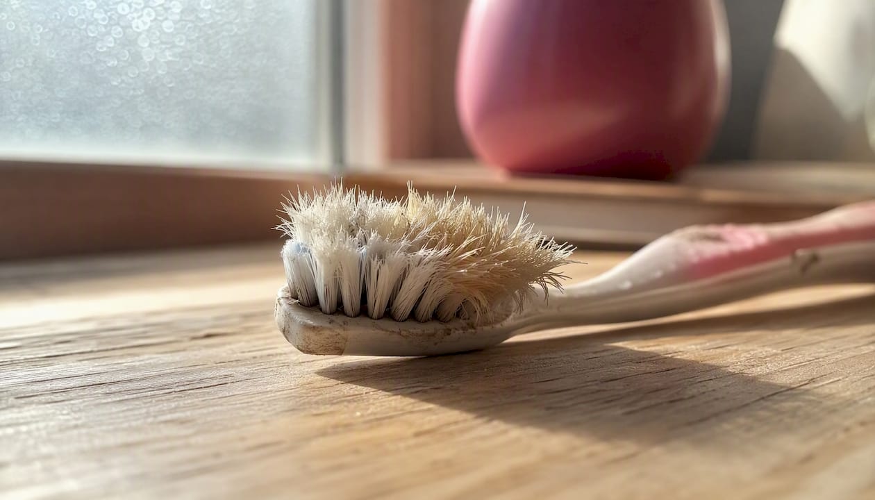 Frayed toothbrush bristles close-up