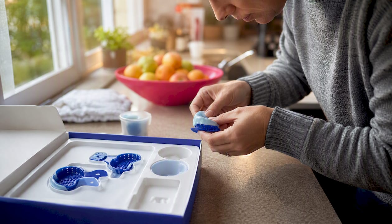 Hands pressing dental impression putty into tray