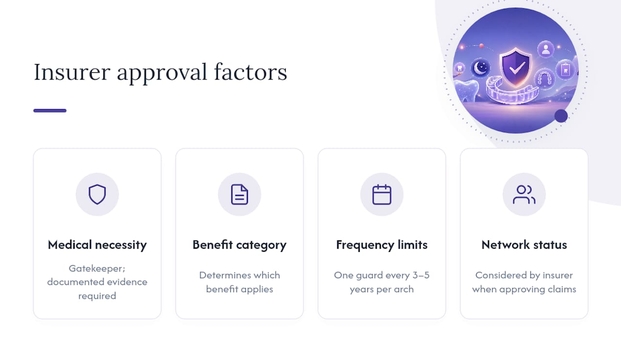 Diagram of insurance approval factors for night guard claims