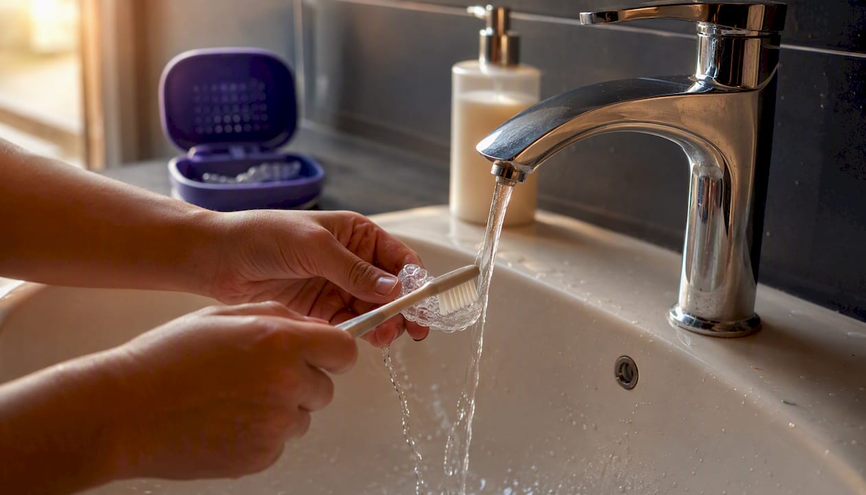 Hands cleaning mouth guard with toothbrush