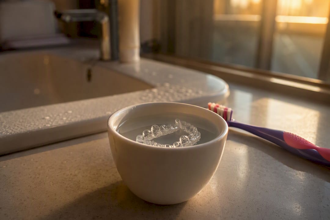 Night guard soaking in cleaning solution in bathroom