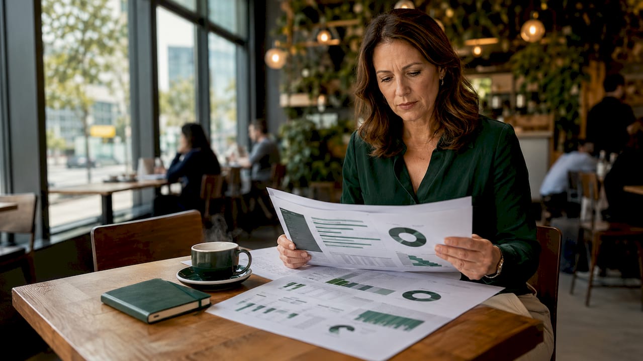 Businesswoman reviewing portfolio acquisition documents