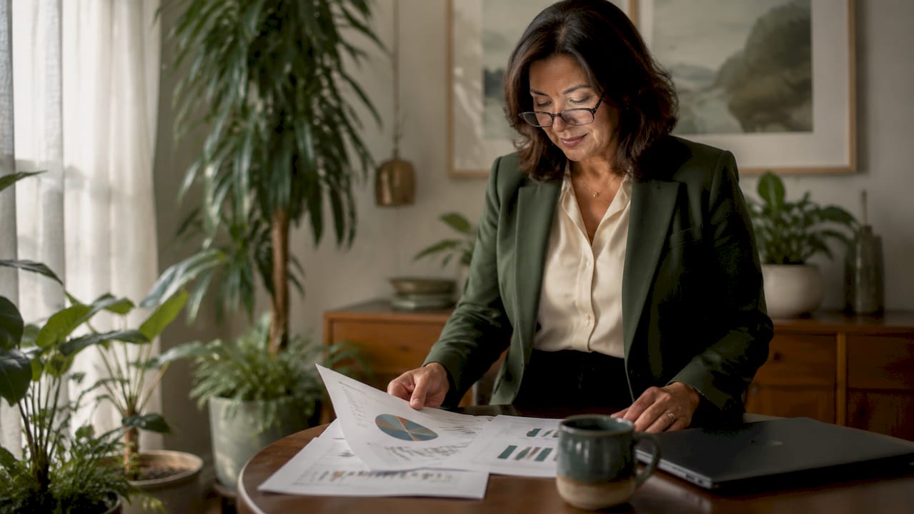 Businesswoman reviewing market analysis documents