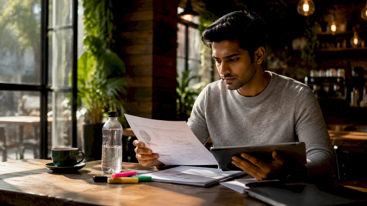 Man reviewing market data on tablet and printouts
