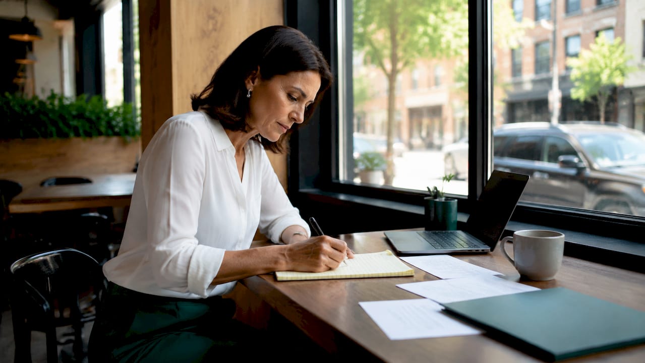 Businesswoman preparing negotiation notes at desk