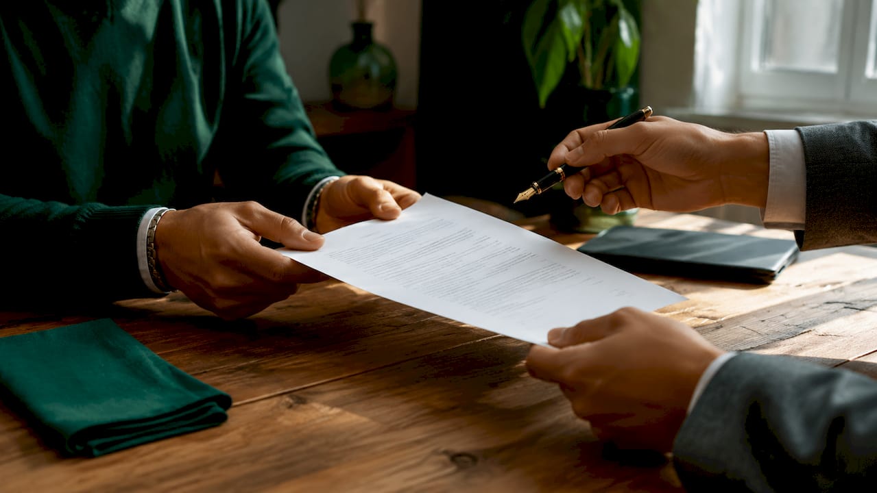Hands exchanging negotiation contract in meeting