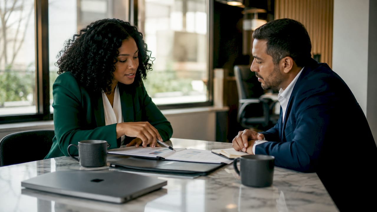 Two professionals negotiating over coffee table