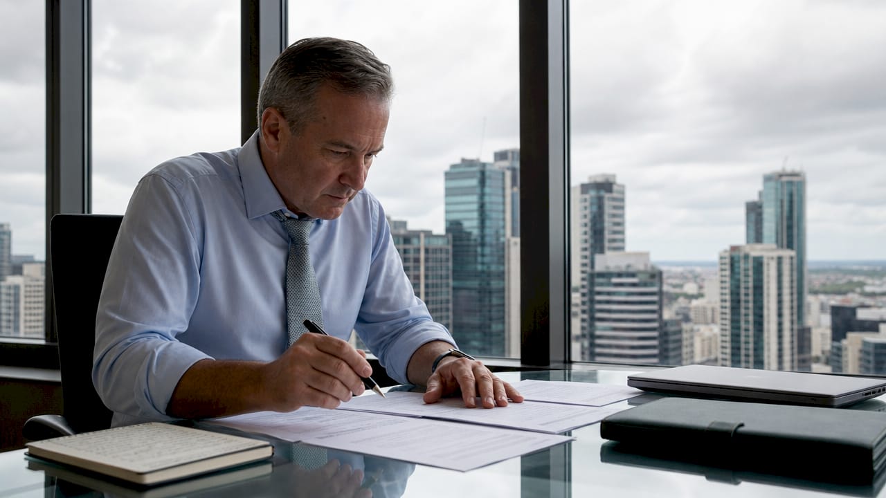 Business broker reviewing deal documents in office
