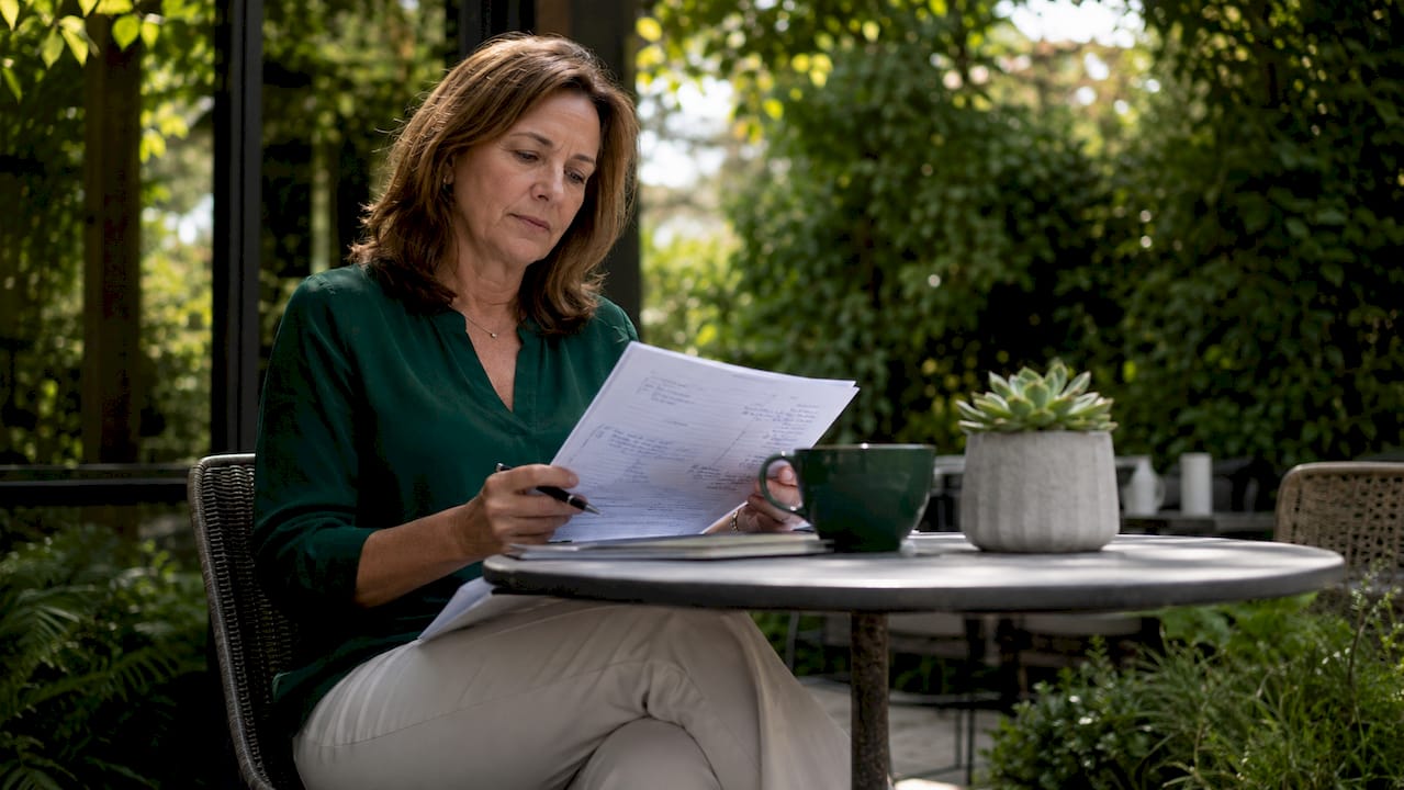 Businesswoman reviewing exit strategy plan at office desk