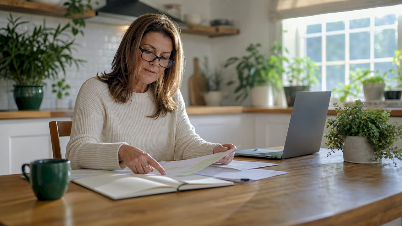 Business owner reviewing financial documents at desk