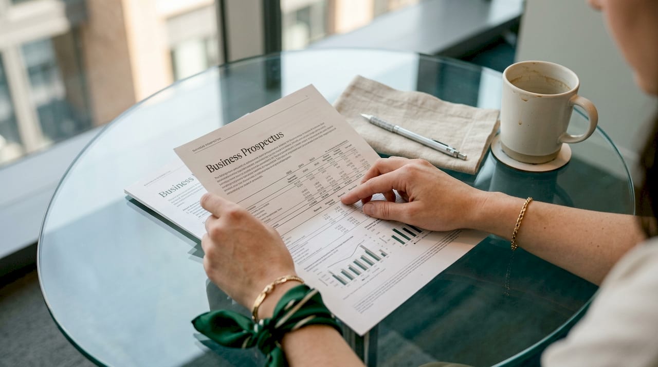 Hands reviewing financial tables in prospectus