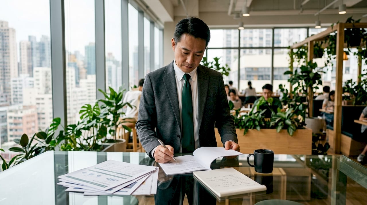 Businessman reviewing cross-border acquisition papers