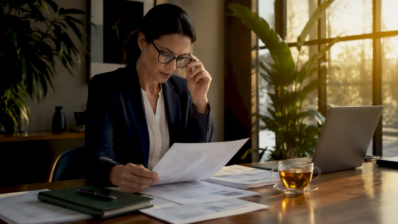 Woman reviewing acquisition papers at desk in office