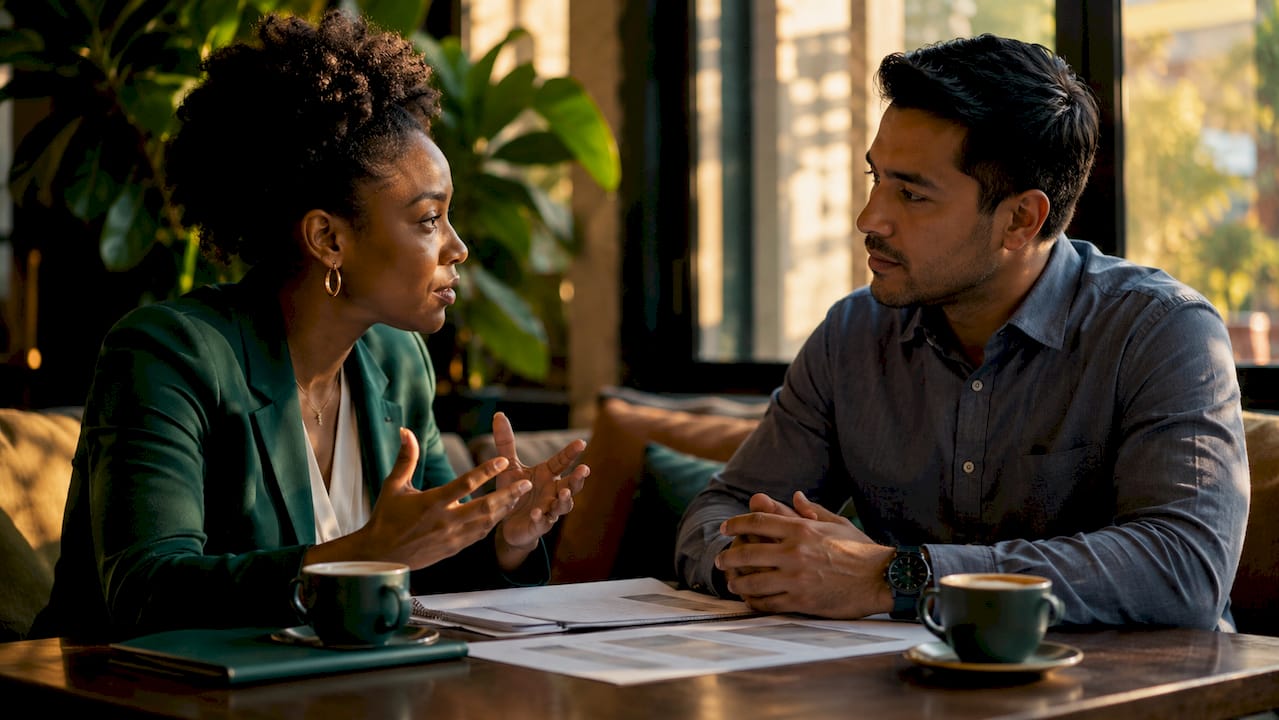 Two professionals discussing acquisition challenges in lounge