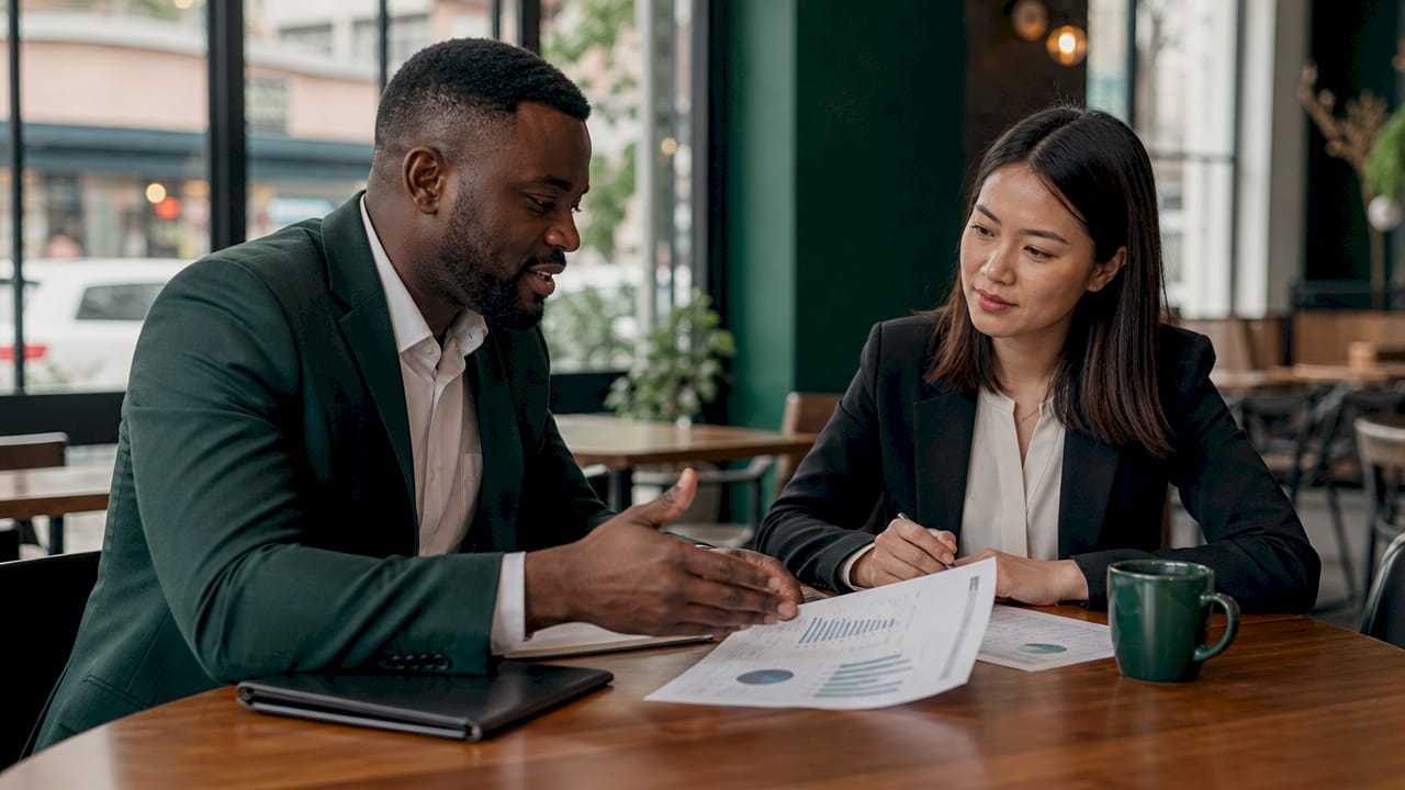 Two businesspeople discussing broker negotiation strategies