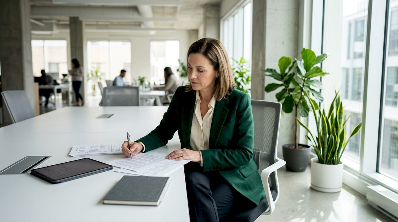 Broker reviewing negotiation documents attentively