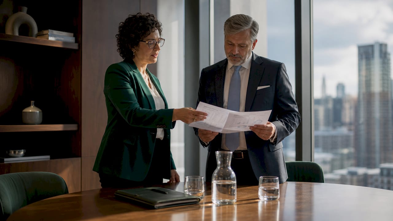 Business broker presenting financial reports to investor