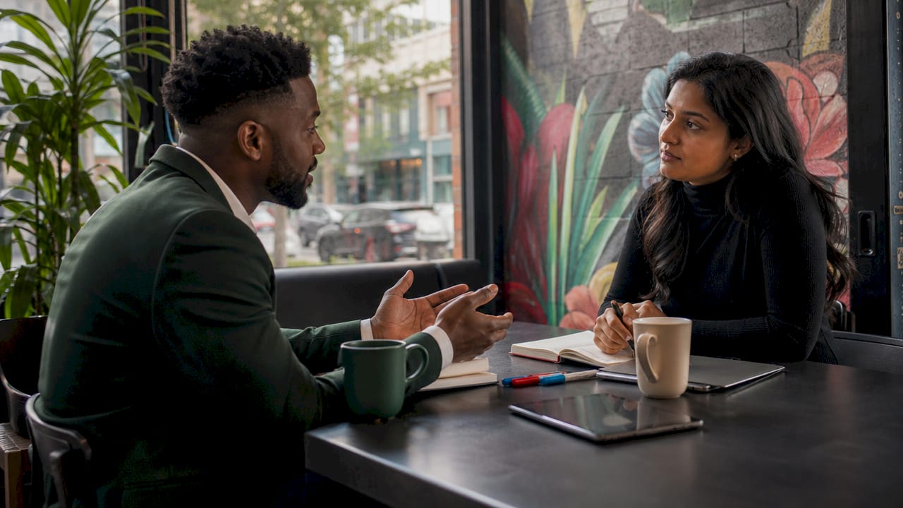 Two professionals discussing sales strategy at table