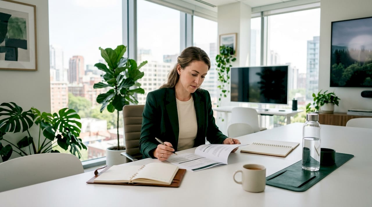Sales executive reviewing client brief at desk