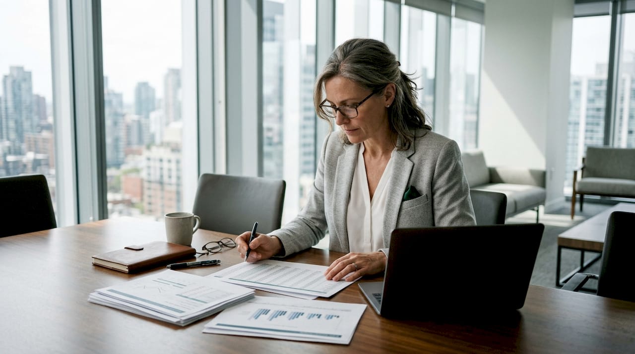 Consultant reviewing business sale documents