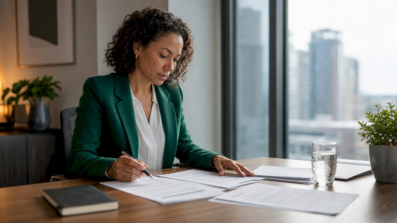 Businesswoman reviewing contract documents in office