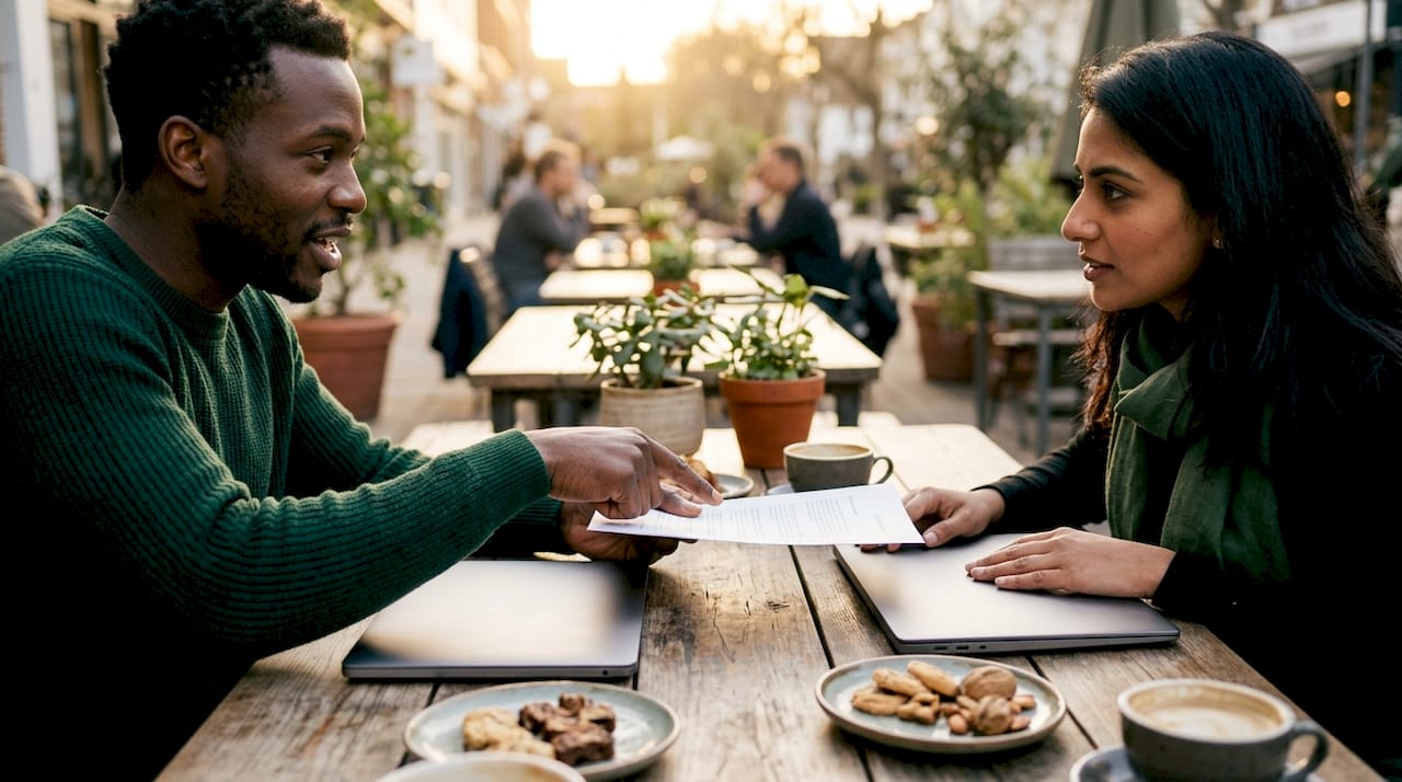 Two professionals exchanging offer documents