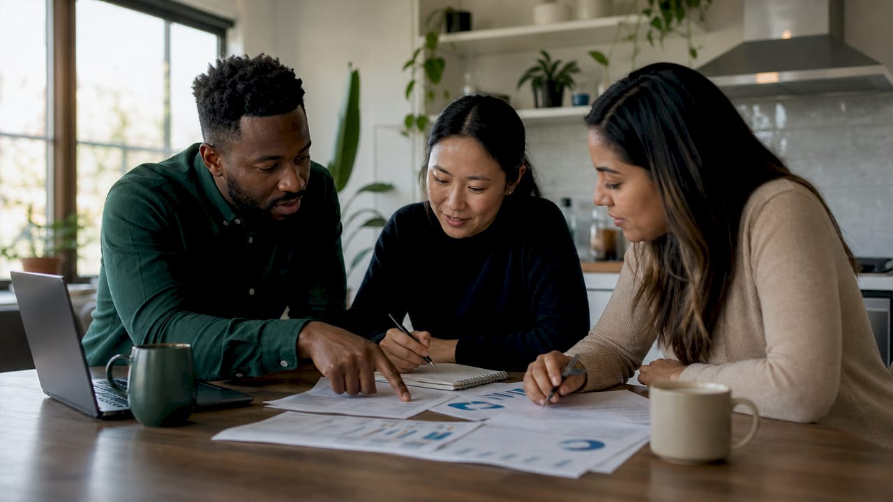 Team reviewing financial reports in meeting
