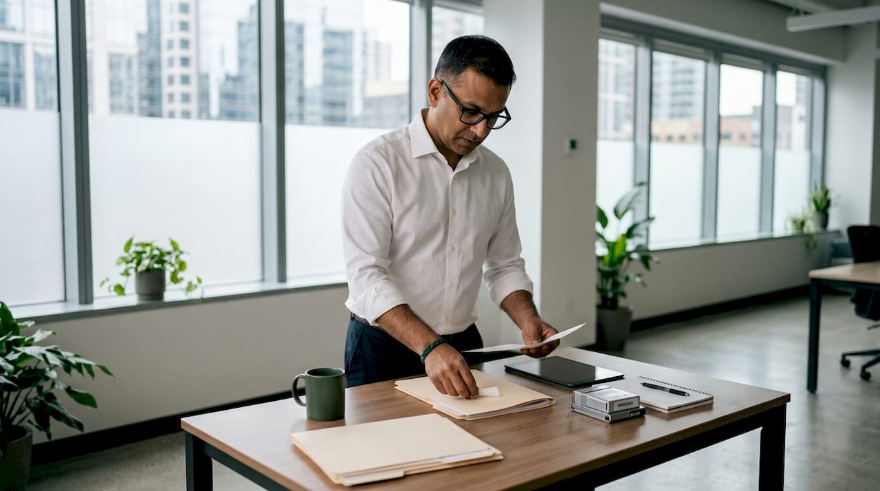 Businessman organizing asset documents at desk