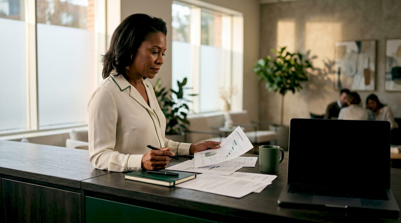 Businesswoman planning negotiation timing at conference table