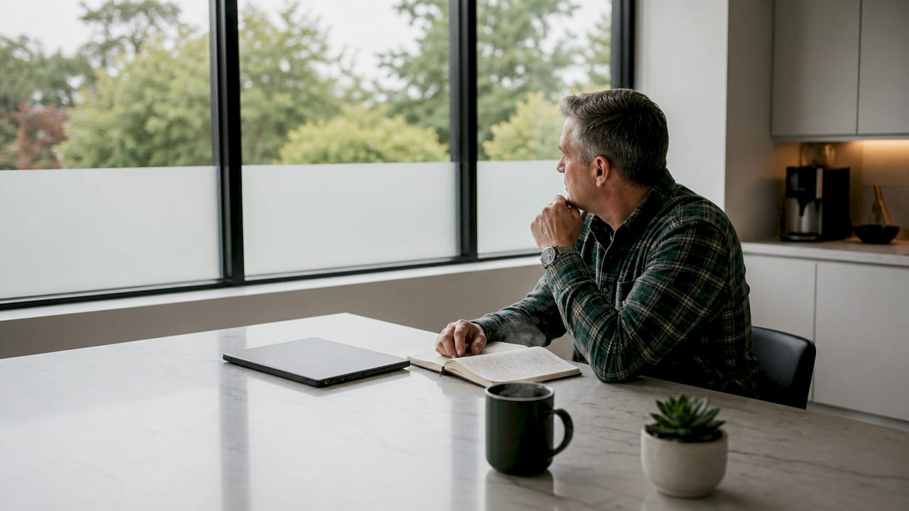 Business owner reflecting at home office table