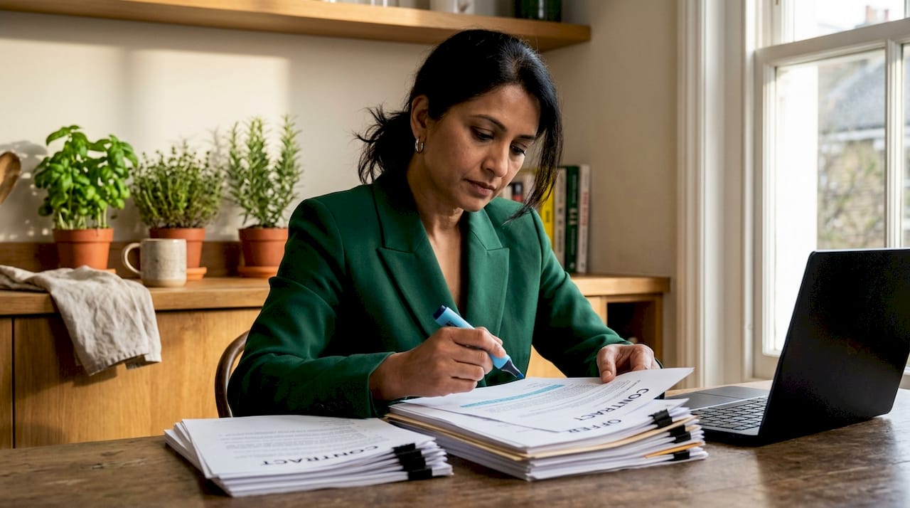 Woman comparing multiple equivalent simultaneous offers