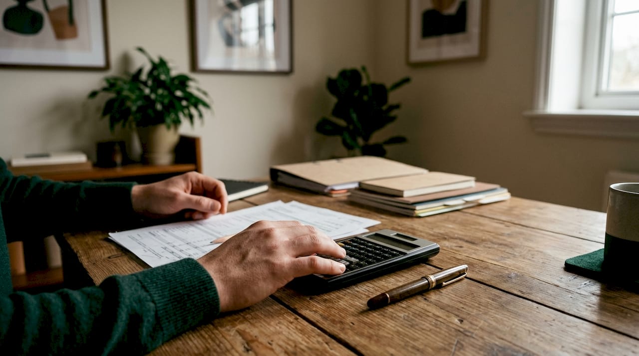 Close-up of hands doing financial calculations at desk