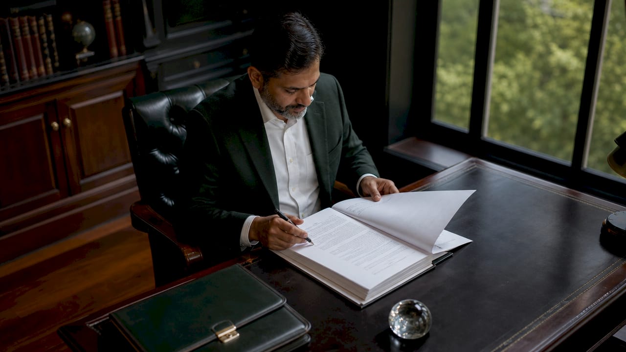 Man reviewing business sale closing documents at desk