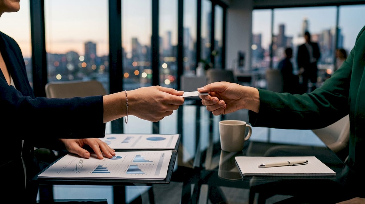 Hands exchanging business card over financial reports
