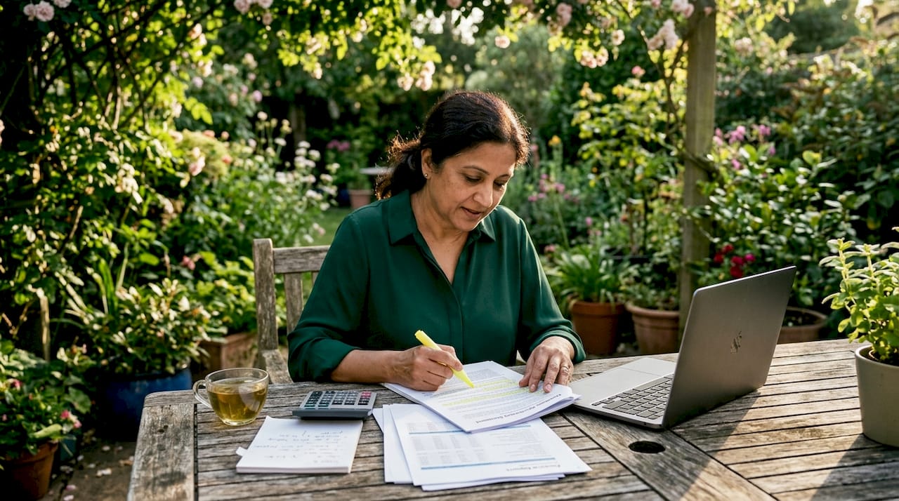 Woman reviewing franchise acquisition documents at home office