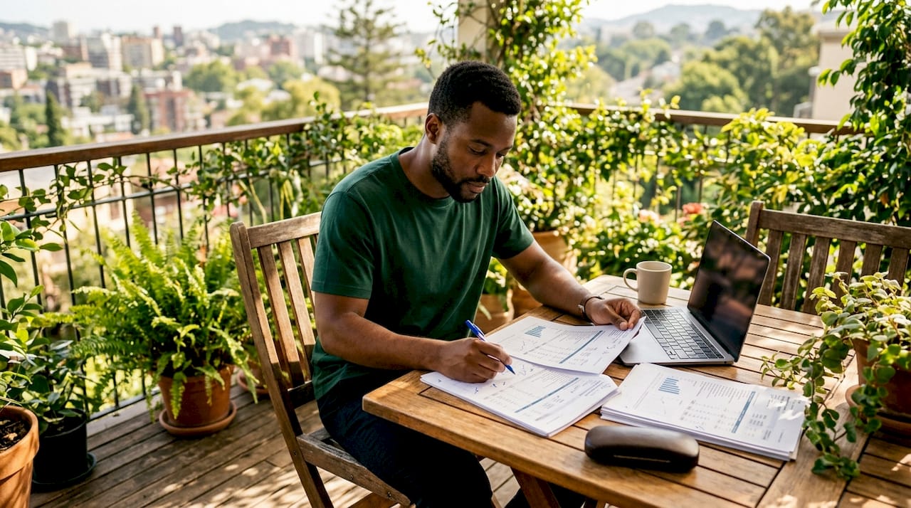 Man analyzing franchise financial statements in conference room