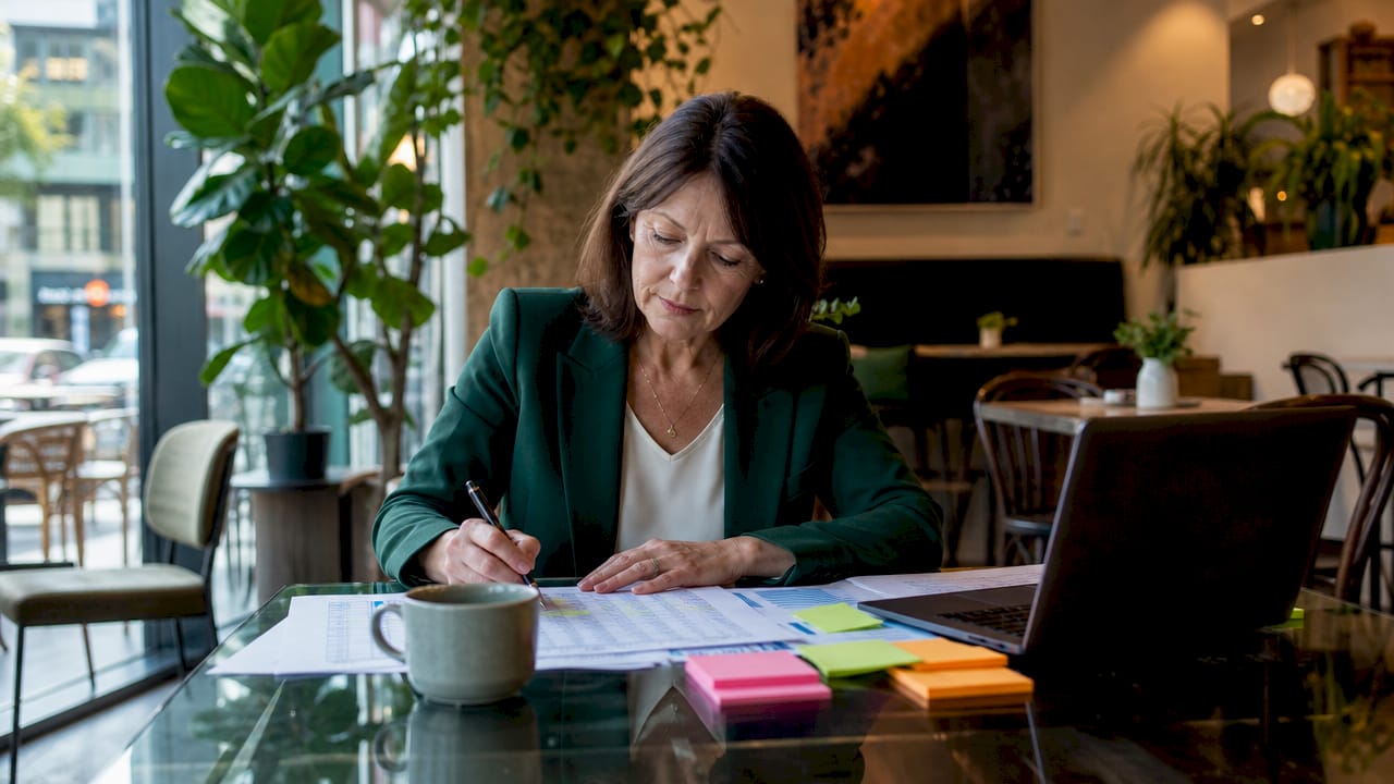 Executive reviewing financial documents for acquisition