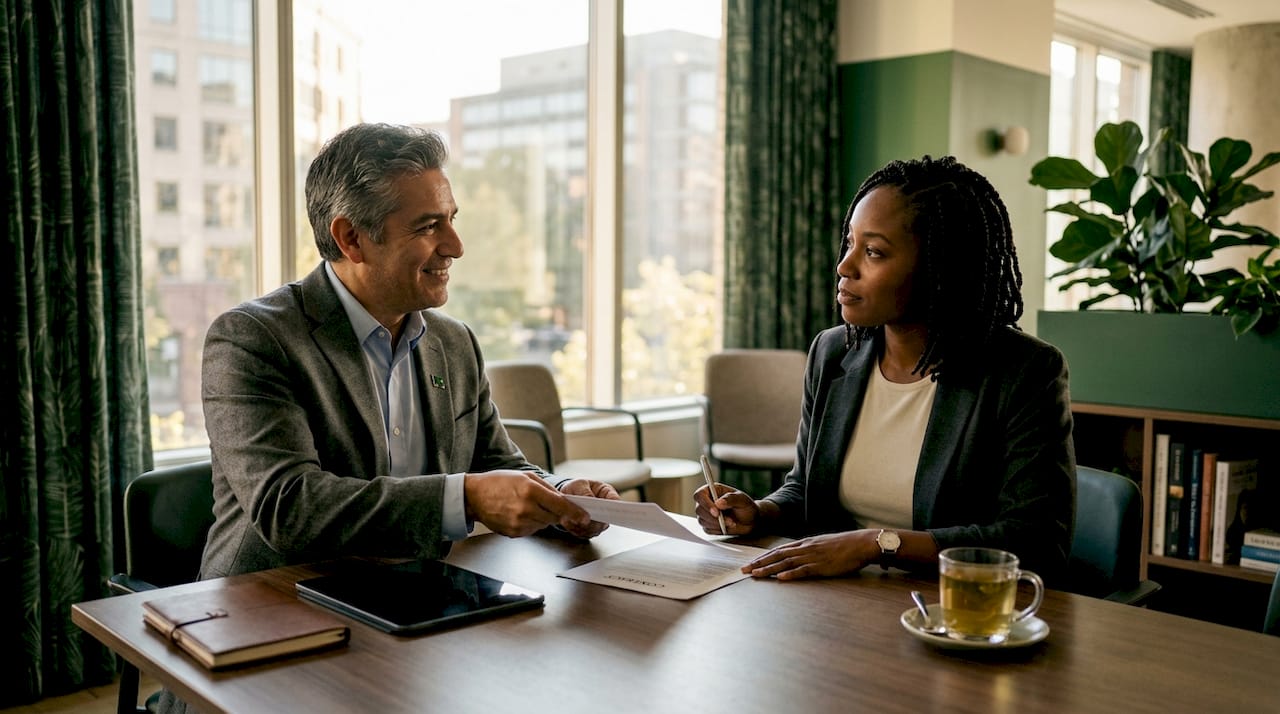 Businesspeople negotiating sale contract