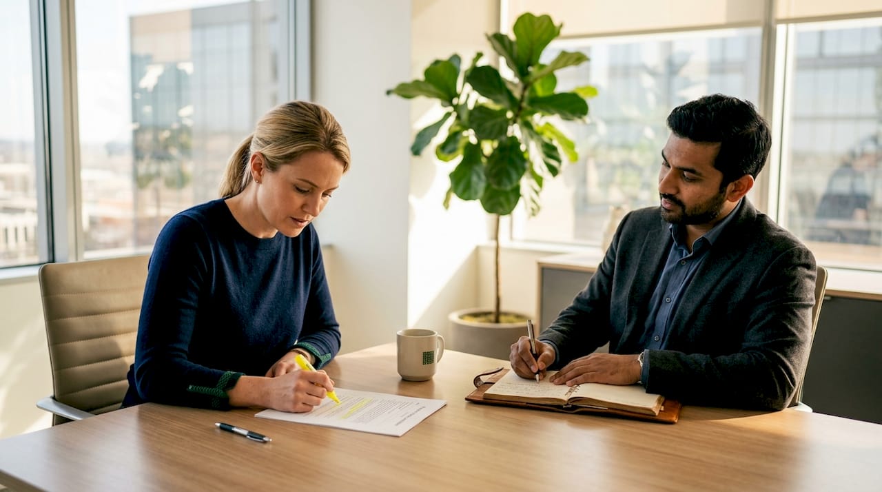 Hands pointing at negotiation documents