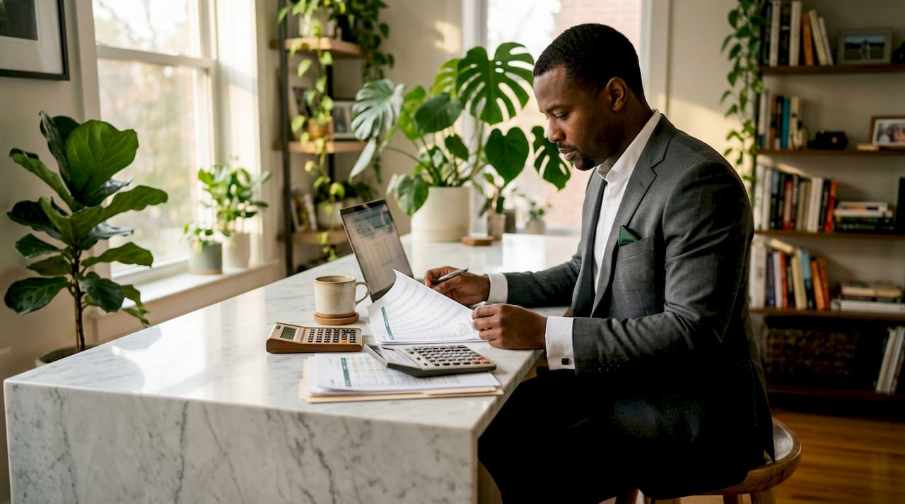 Hands marking financial documents with pen