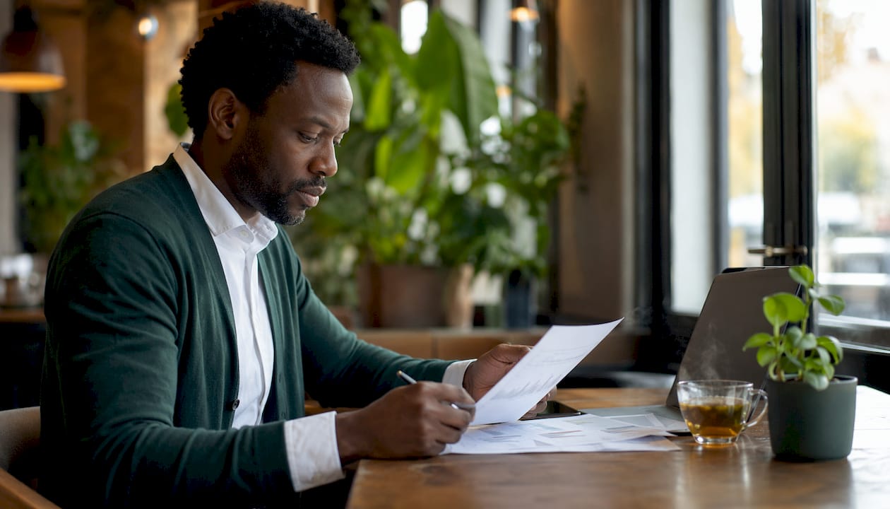 Financial analyst studying income approach data at desk