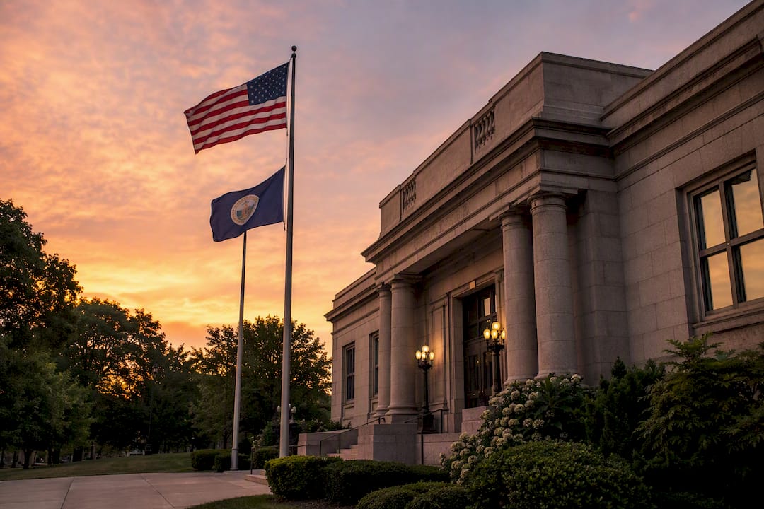 State tax office building with flags outside