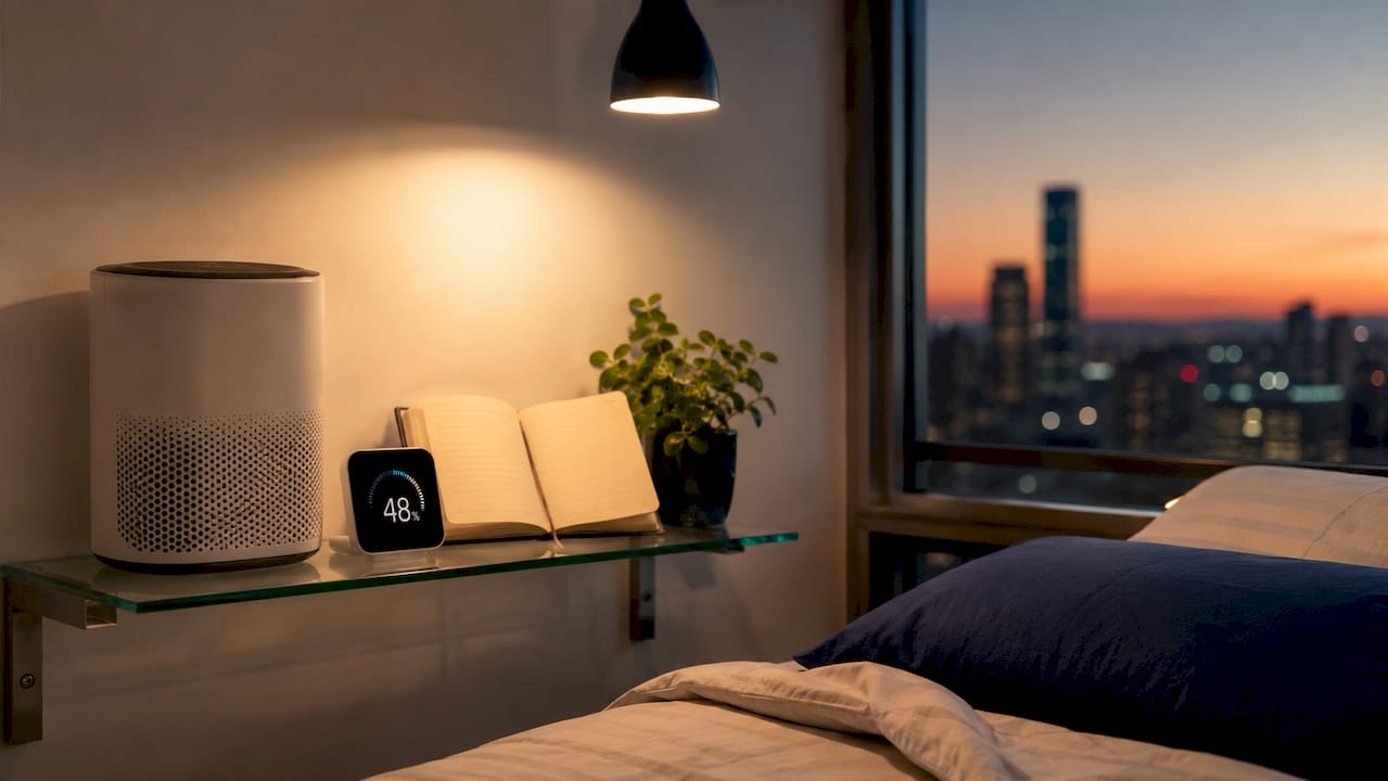 Close-up of hygrometer and dehumidifier display in bedroom