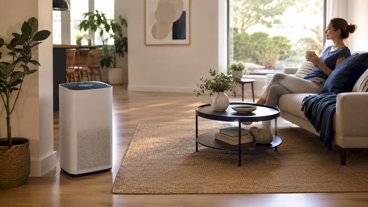Air purifier positioned near seating area