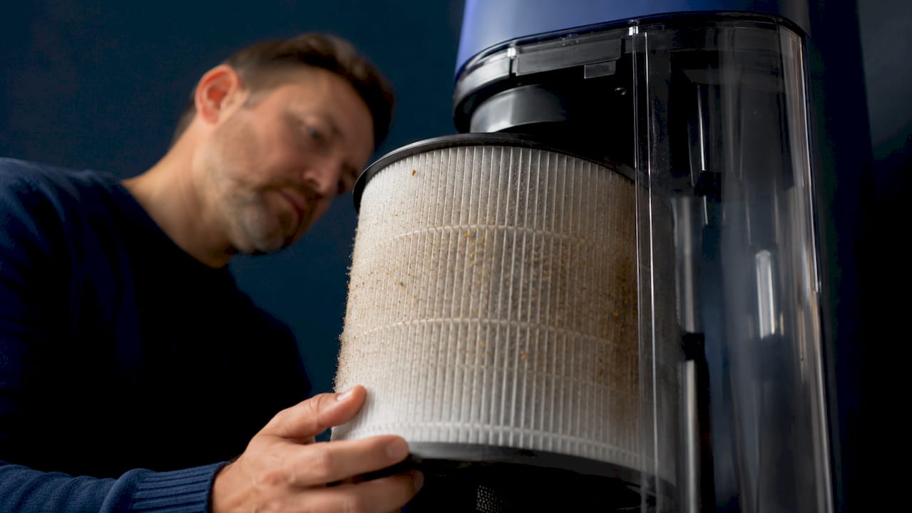 Close-up of HEPA air filter trapping pollen