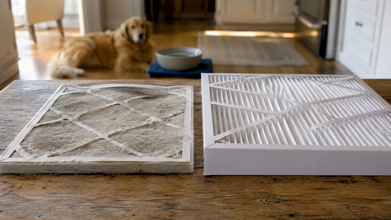 Close-up of different HVAC filters on countertop